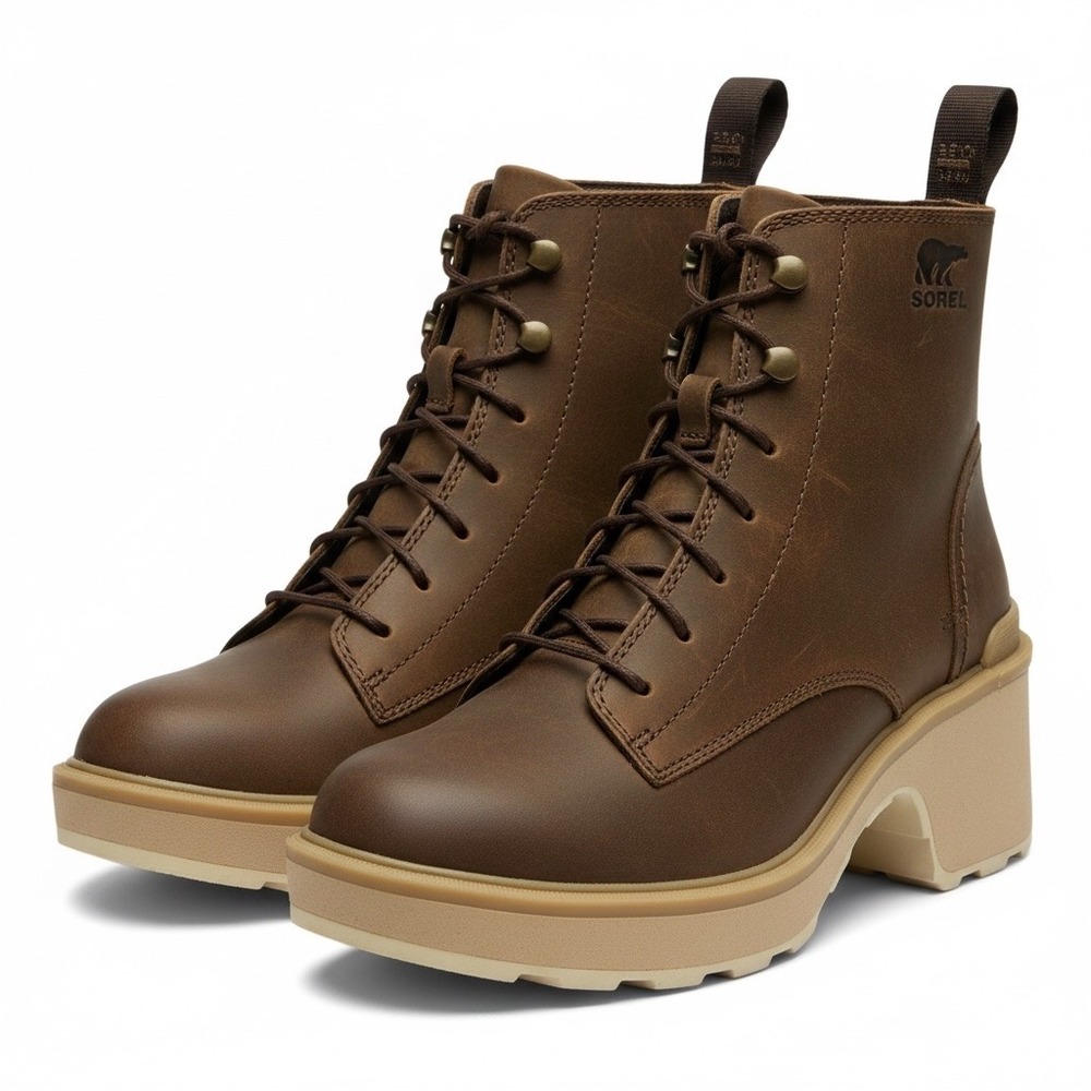 Sorel Hi-Line Lace Umber Ceramic Leather Platform Boots NL4875-261 Womens 8